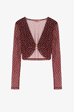 Puantiyeli Toka Aksesuarlı Transparan Bluz Mürdüm