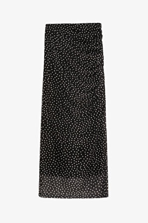 Puantiyeli Drape Detaylı Transparan Midi Etek Siyah