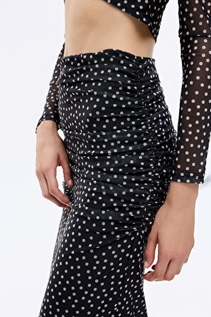 Puantiyeli Drape Detaylı Transparan Midi Etek Siyah