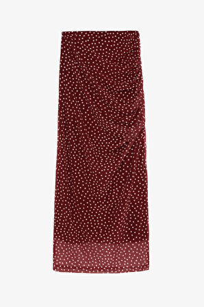 Puantiyeli Drape Detaylı Transparan Midi Etek Mürdüm