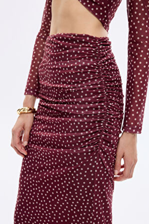 Puantiyeli Drape Detaylı Transparan Midi Etek Mürdüm