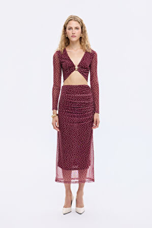 Puantiyeli Drape Detaylı Transparan Midi Etek Mürdüm