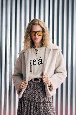 Gömlek Yaka Düğmeli Tüylü Ceket Bej