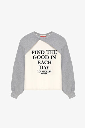 Match Detaylı Yazı Baskılı Bisiklet Yaka Sweatshirt Gri