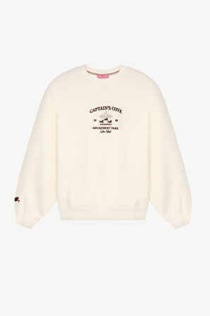 Atlı Karınca Figürlü Yazı Nakışlı Oversize Sweatshirt Ekru