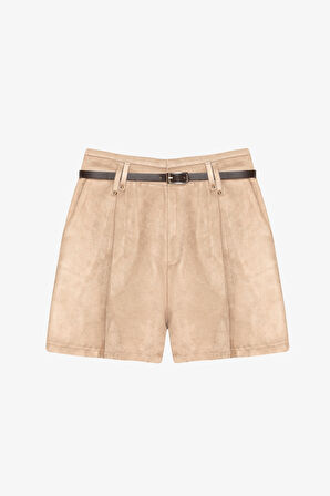 Süet Görünümlü Kemer Aksesuarlı Mini Şort Bej