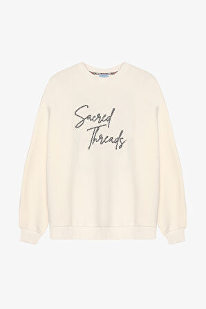 Sırtı Desenli Yazı Nakışlı Oversize Sweatshirt Ekru