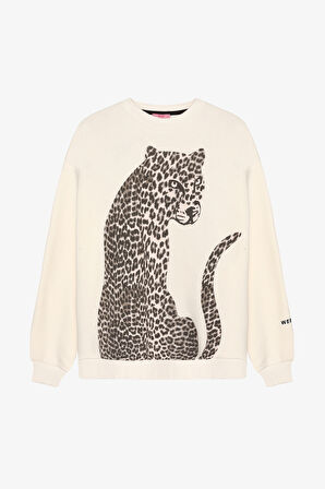 Leopar Figürlü Kolu Yazı Baskılı Sweatshirt Ekru