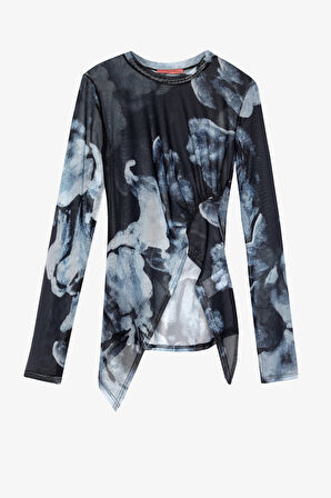 Sulu Boya Çiçek Desenli Asimetrik Tül Bluz Lacivert