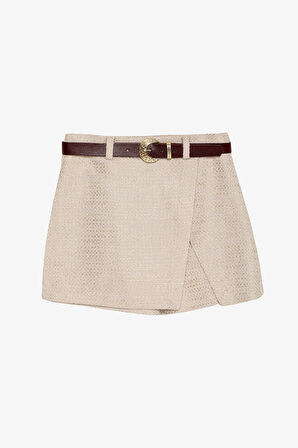 Kemerli Kruvaze Tüvit Şort Etek Bej