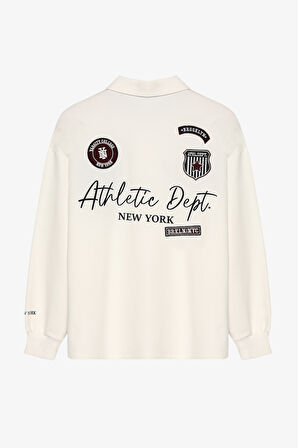 Arma Nakışlı Polo Yaka Oversize Sweatshirt Ekru
