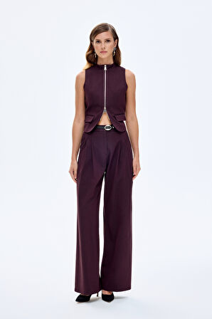 Kemerli Yüksek Bel Pileli Palazzo Pantolon Kahverengi