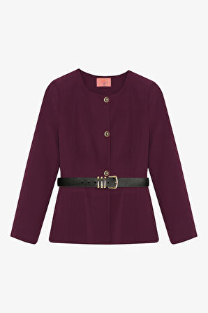 Kemer Aksesuarlı Yuvarlak Yaka Ceket Mürdüm
