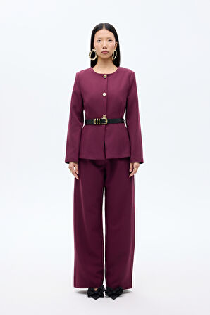 Kemer Aksesuarlı Yuvarlak Yaka Ceket Mürdüm