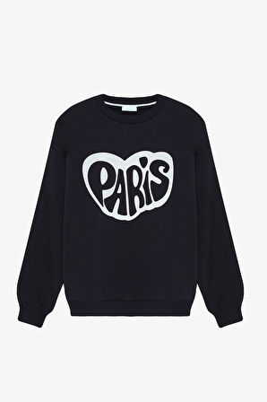 Paris Baskılı Oversize Sweatshirt Lacivert