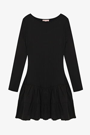 Katlı Fırfırlı Mini Elbise Siyah