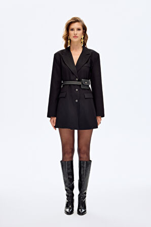 Kemerli Çanta Aksesuarlı Blazer Ceket Elbise Siyah