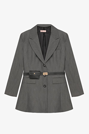 Kemerli Çanta Aksesuarlı Blazer Ceket Elbise Gri