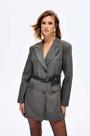 Kemerli Çanta Aksesuarlı Blazer Ceket Elbise Gri