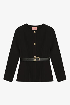 Kemer Aksesuarlı Yuvarlak Yaka Ceket Siyah