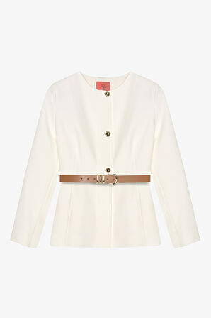 Kemer Aksesuarlı Yuvarlak Yaka Ceket Ekru