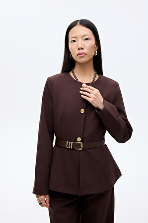 Kemer Aksesuarlı Yuvarlak Yaka Ceket Koyu Kahve