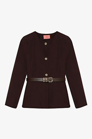Kemer Aksesuarlı Yuvarlak Yaka Ceket Koyu Kahve