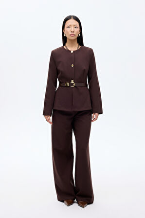 Kemer Aksesuarlı Yuvarlak Yaka Ceket Koyu Kahve