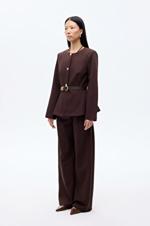 Kemer Aksesuarlı Yuvarlak Yaka Ceket Koyu Kahve