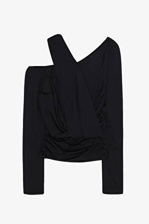 Drapeli Asimetrik Düğümlü Bluz Siyah