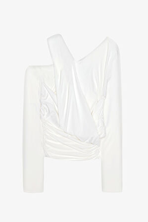 Drapeli Asimetrik Düğümlü Bluz Ekru