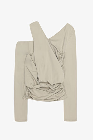 Drapeli Asimetrik Düğümlü Bluz Bej