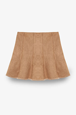 Zikzak Dikiş Detaylı Süet Görünümlü Mini Etek Bej
