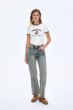 Yıkamalı Yüksek Bel Düz Paça Kot Pantolon Mavi