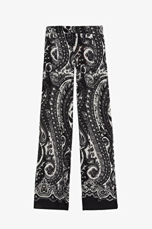 Etnik Desenli Yüksek Bel Bol Paça Pantolon Siyah