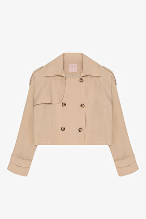 Çift Düğmeli Kruvaze Yaka Kısa Trençkot Bej