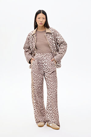 Leopar Desenli Şeritli Bol Paça Pantolon Kahverengi