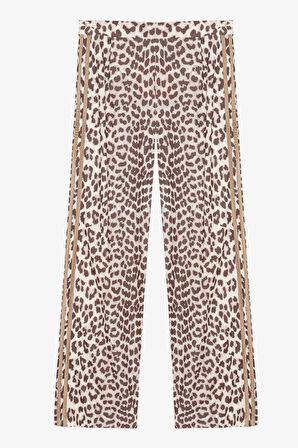 Leopar Desenli Şeritli Bol Paça Pantolon Kahverengi