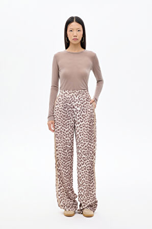 Leopar Desenli Şeritli Bol Paça Pantolon Kahverengi