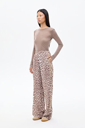 Leopar Desenli Şeritli Bol Paça Pantolon Kahverengi