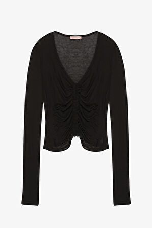 Önü Büzgülü V Yaka Transparan Bluz Siyah