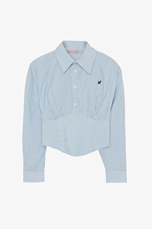 Nakış işlemeli Çizgili Korse Gömlek Mavi