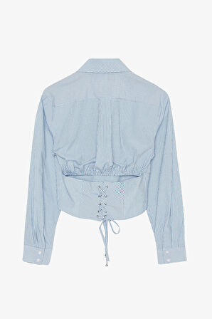 Nakış işlemeli Çizgili Korse Gömlek Mavi