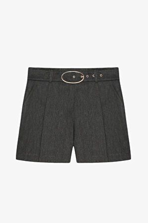 Tokalı Kemerli Pileli Mini Şort Antrasit