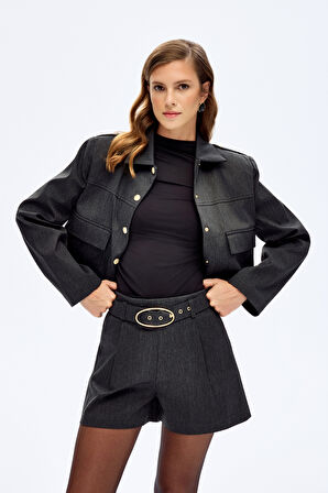 Tokalı Kemerli Pileli Mini Şort Antrasit