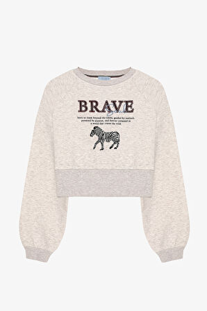 Zebra Nakışlı Sırtı Fermuarlı Sweatshirt Bej