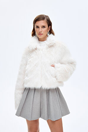 Fermuarlı Kısa Kürk Ceket Ekru