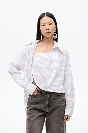 Asimetrik Kesim Çizgili Oversize Gömlek Beyaz