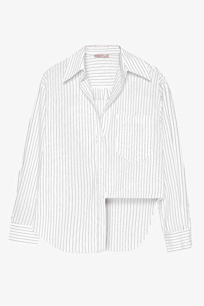 Asimetrik Kesim Çizgili Oversize Gömlek Beyaz