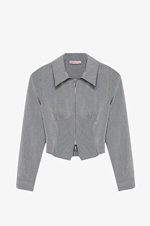 Klasik Yaka Önü Fermuarlı Dokulu Gömlek Gri